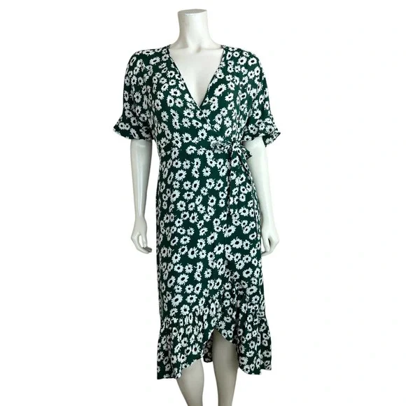 green emerald velvet dress Printed Faux Wrap Dress with Bishop Long Sleeves in Green Ivory main image 0